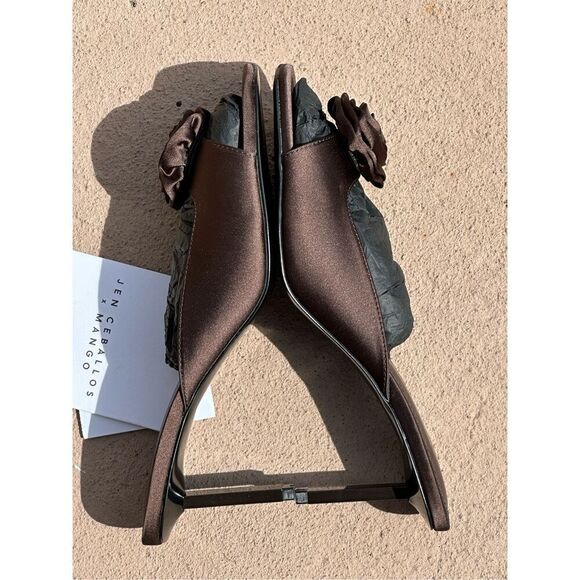 MNG Jen Ceballos & Mango Brown Satin FLORAL HEELED SANDALS Size - Picture 2 of 9